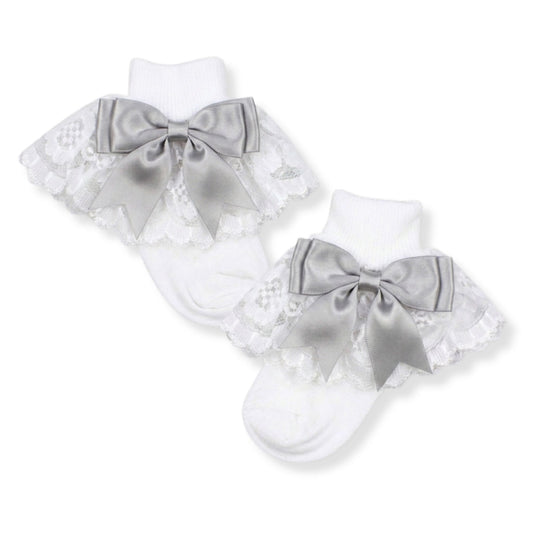 baby girl frilly socks with grey bow in a spanish style