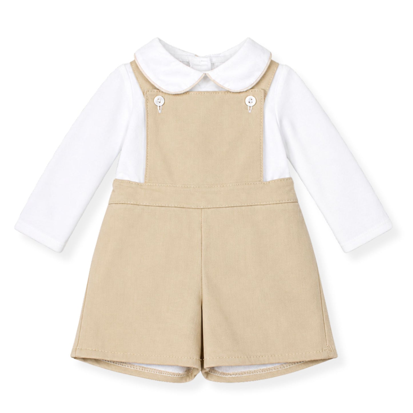 baby boys outfit with beige dungaress and white shirt on a white background
