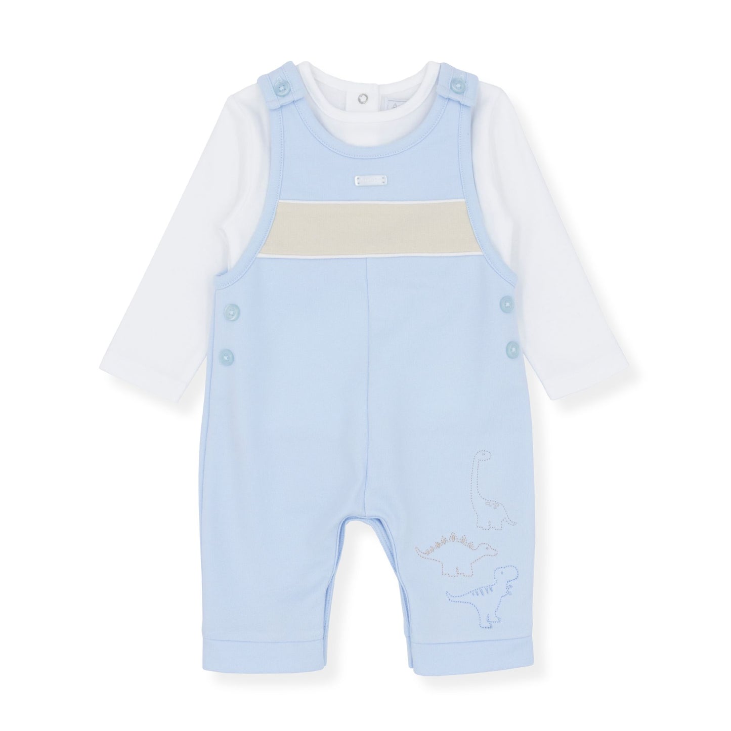 Baby outfit with light blue dungarees and white long-sleeve shirt on a white background
