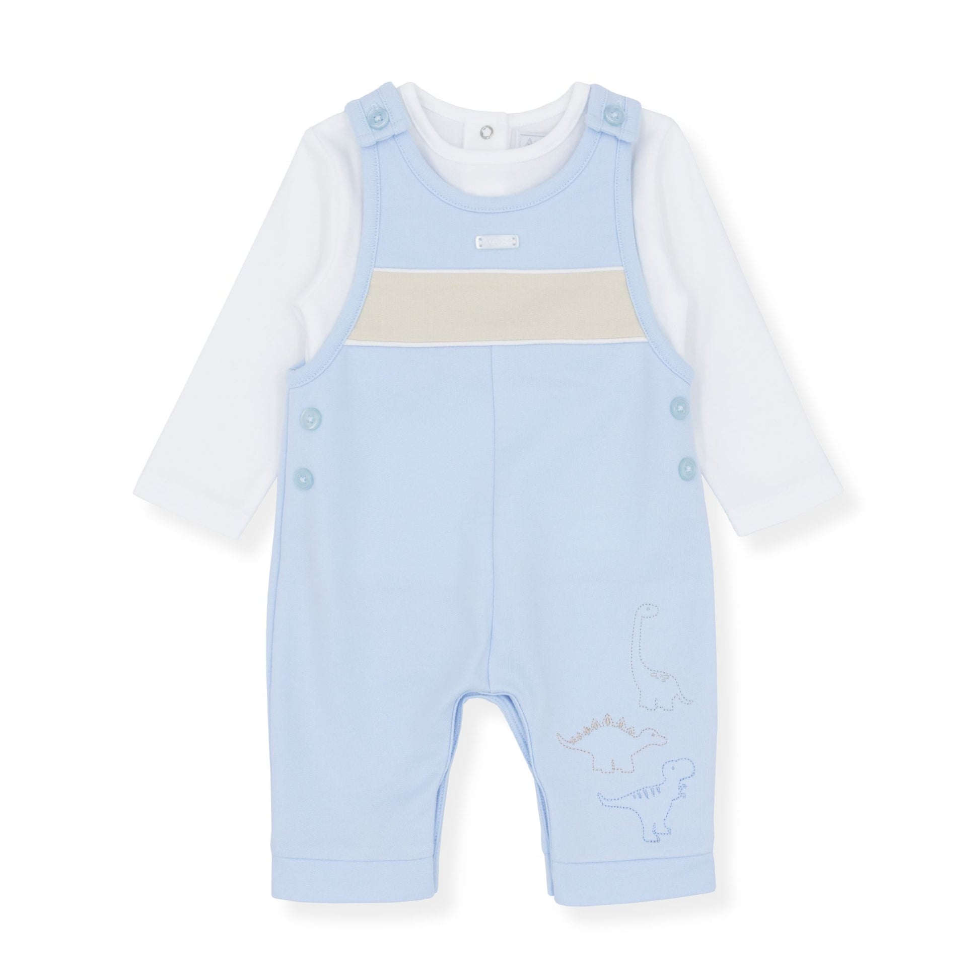 Baby outfit with light blue dungarees and white long-sleeve shirt on a white background