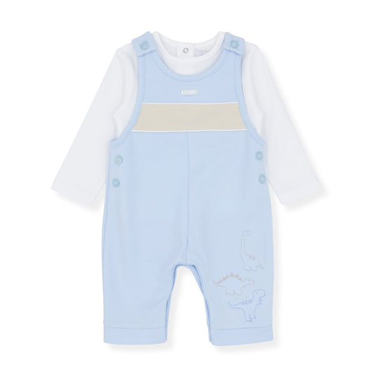 Baby outfit with light blue dungarees and white long-sleeve shirt on a white background