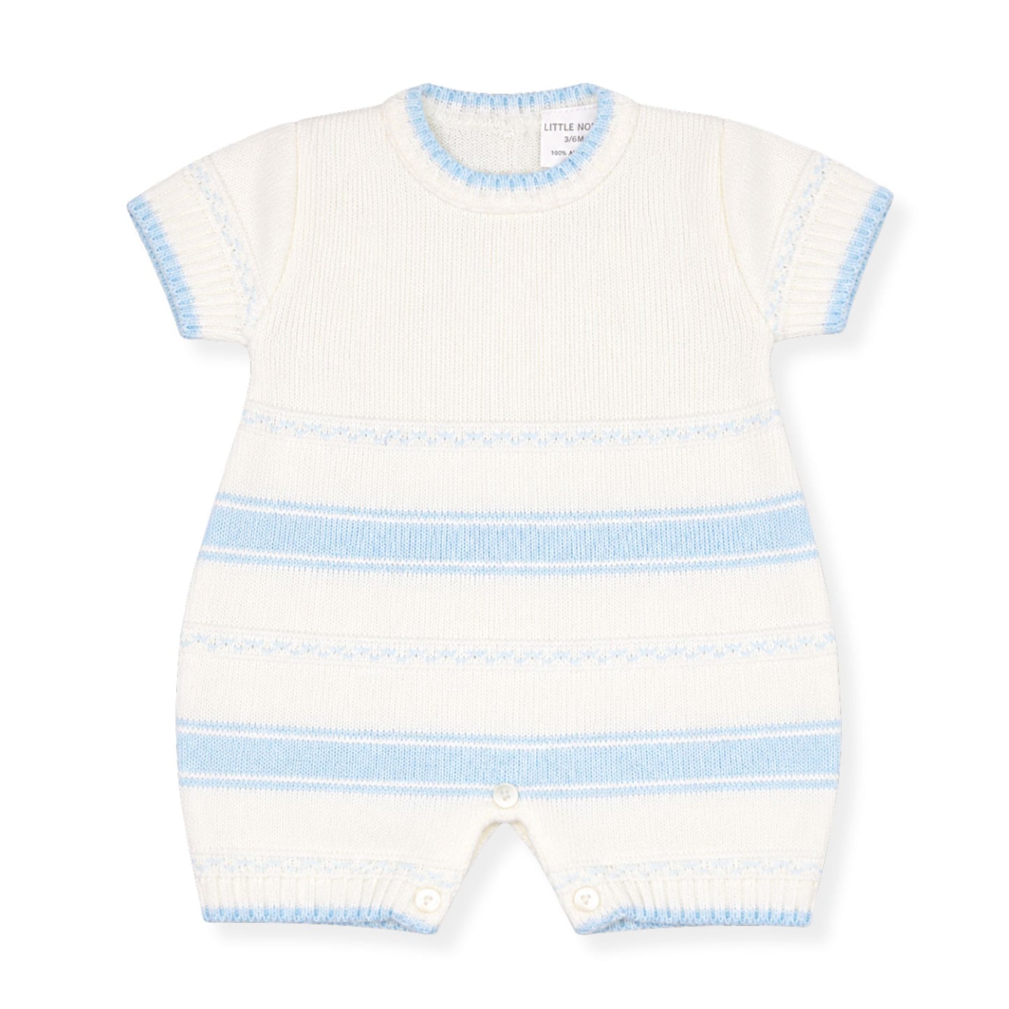 White baby romper with blue stripes on a white background