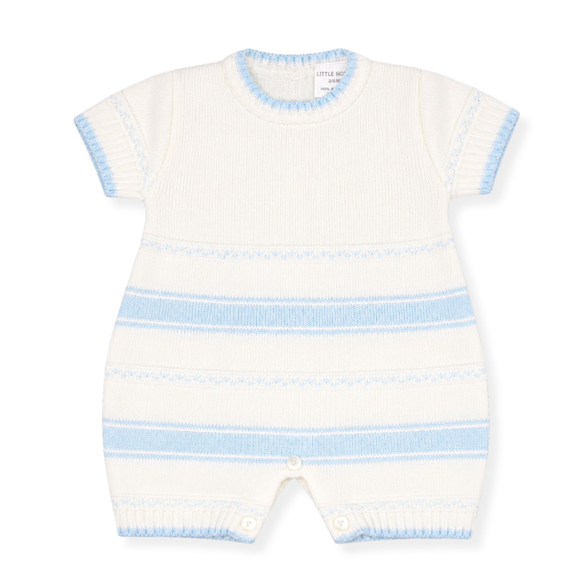 White baby romper with blue stripes on a white background