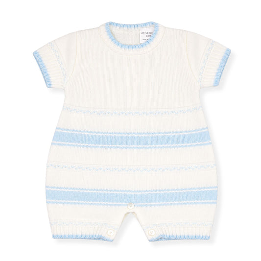 White baby romper with blue stripes on a white background