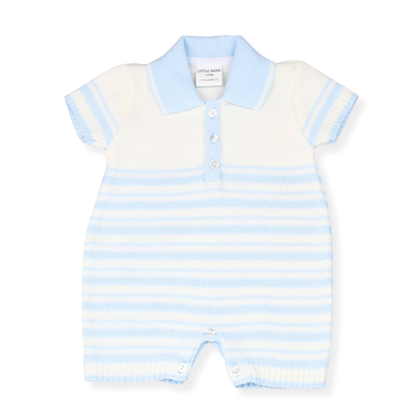 Striped baby romper with light blue collar on a white background