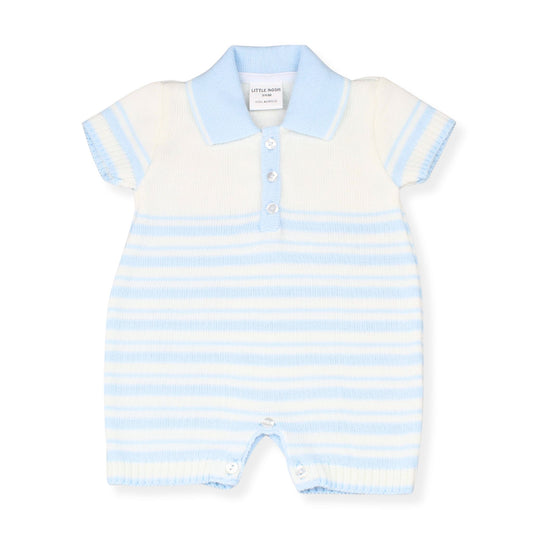 Striped baby romper with light blue collar on a white background