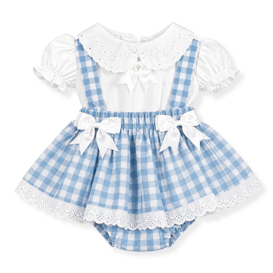 Blue and white checkered dress with puffed sleeves and lace details on a white background