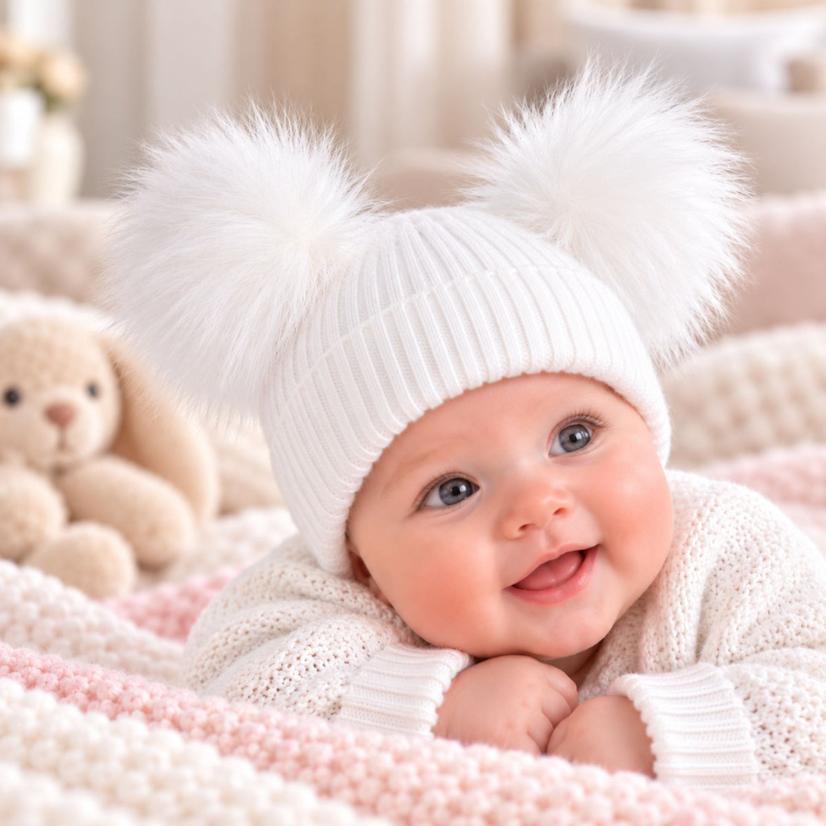 A smiling baby wearing a white ribbed knit beanie with two large fluffy pom-poms, lying on a pink and white textured blanket next to a plush teddy bear.