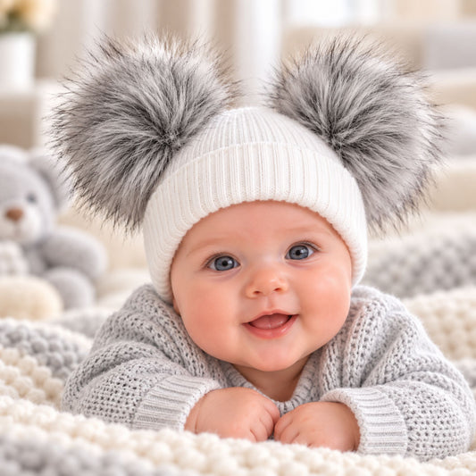 Baby Knitted Double Pom Pom Hat with Grey Faux Fur Poms