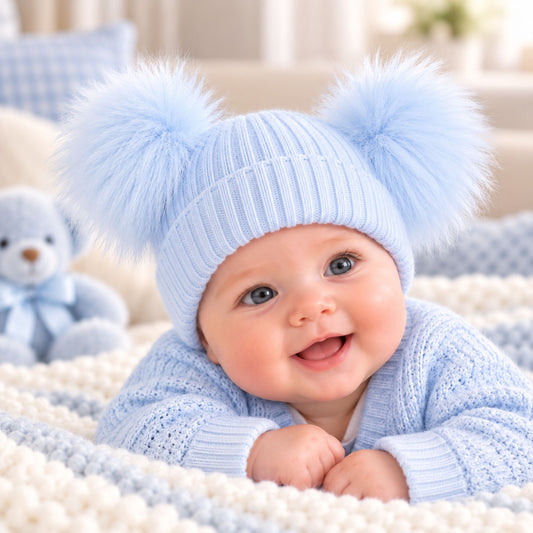 A smiling baby lying on a soft cream and blue knit blanket, wearing a light blue ribbed knit beanie with two large fluffy pom-poms and a matching light blue knit outfit. A small blue teddy bear sits in the background.