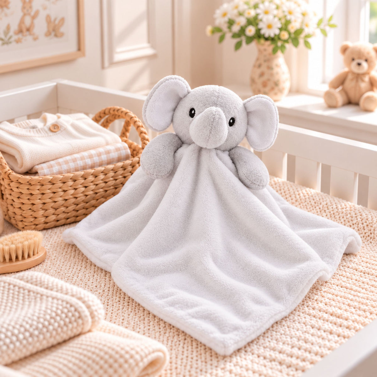 A plush elephant-shaped baby comforter in soft light gray and white, styled in a cozy nursery setting on a woven blanket beside a basket of folded baby clothes.