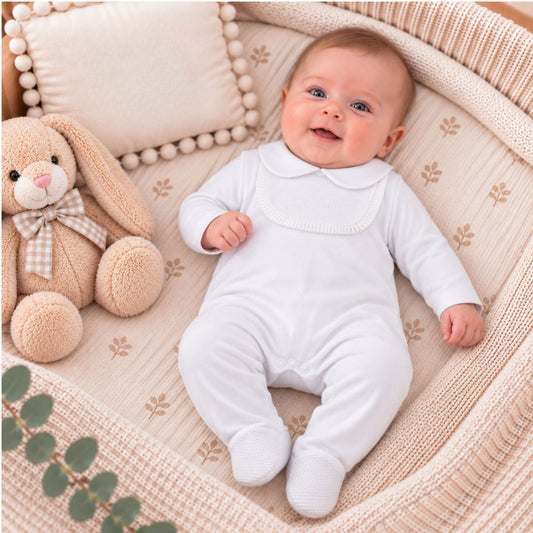 White Baby Sleepsuit with White Bib Detail | Made in Portugal