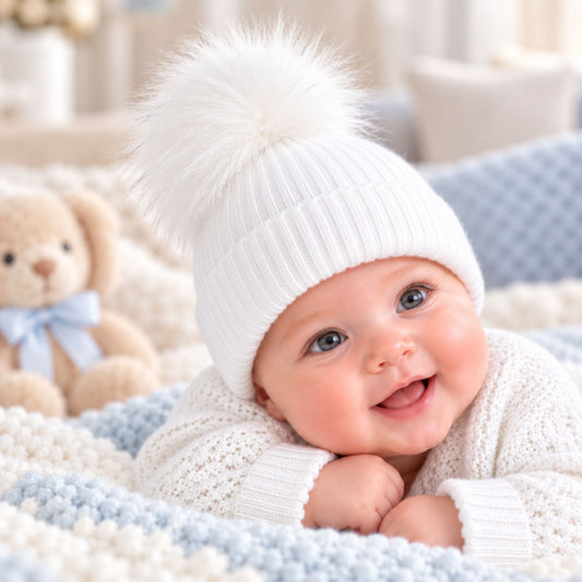 A smiling baby lying on a blue and cream knit blanket, wearing a white ribbed knit beanie with a large fluffy pom-pom. A teddy bear with a light blue bow is visible in the background.