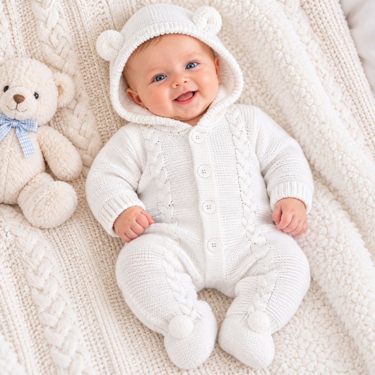 A smiling baby wearing a white cable-knit hooded footed romper with bear ears, lying on a cream knit blanket next to a plush teddy bear.