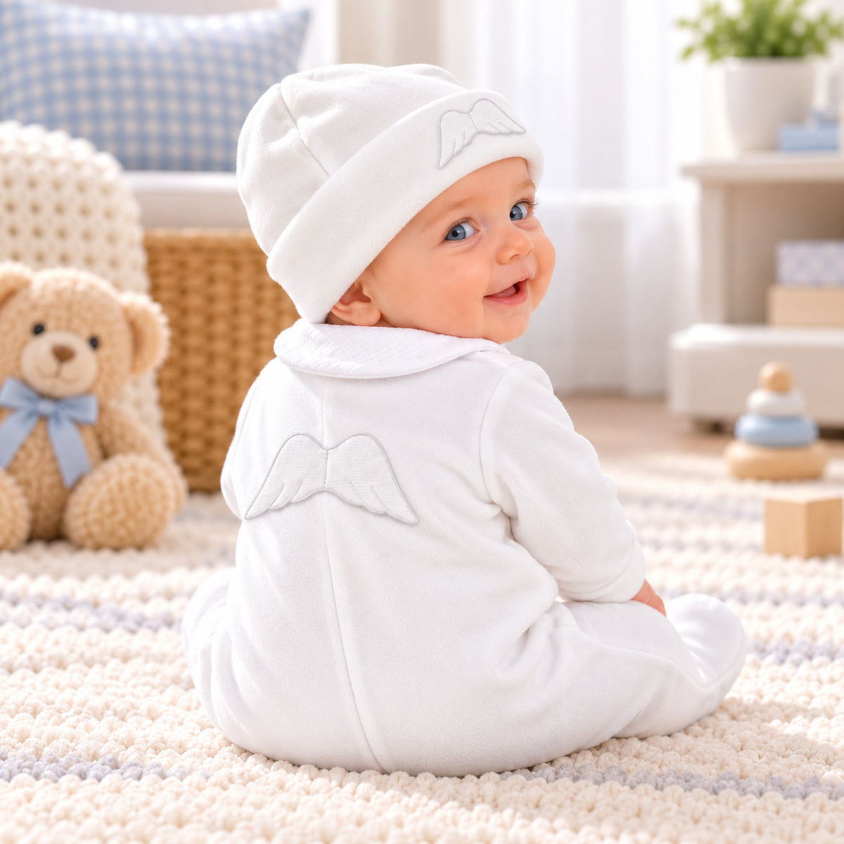 Baby Angel Wings Velour Sleepsuit with Hat - White