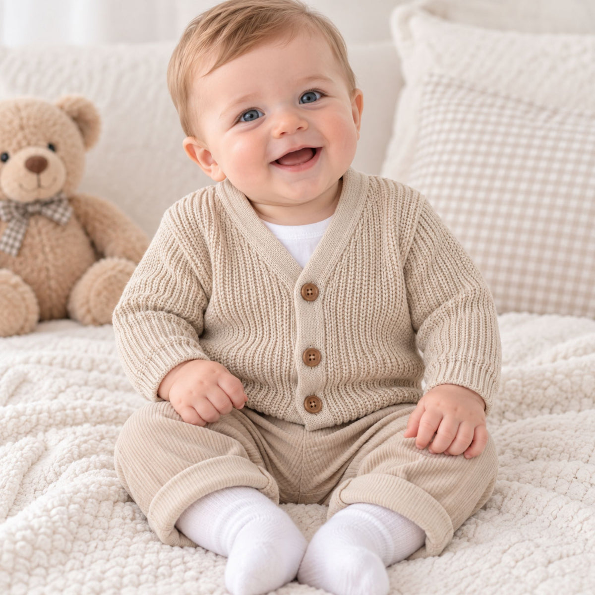 Unisex Baby Ribbed Knitted Cardigan - Beige