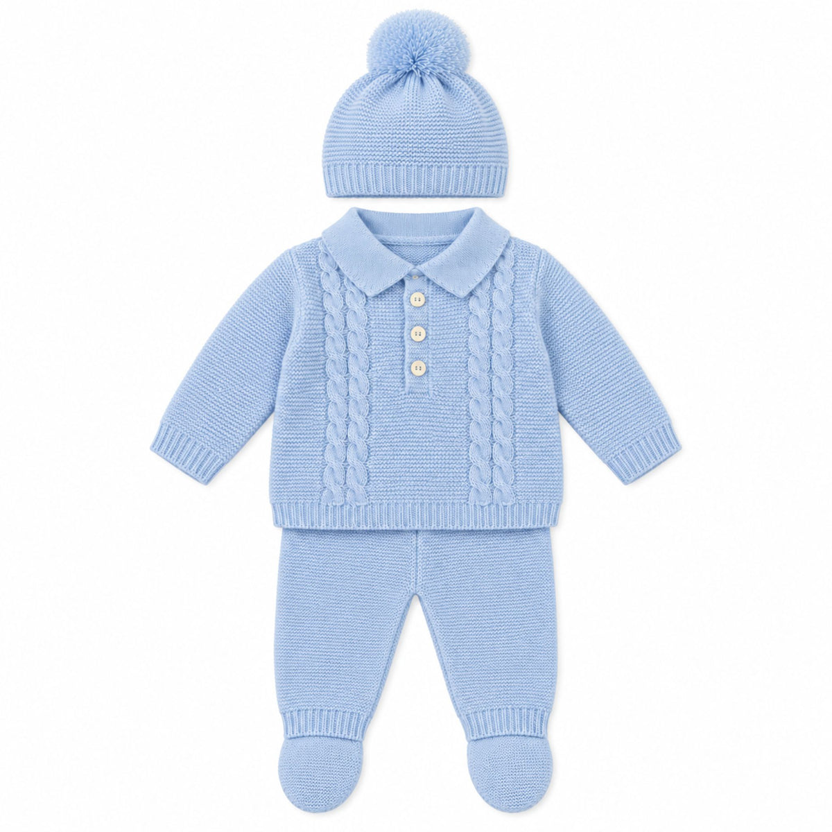 Baby Boys Blue Knitted 3 Piece Outfit with Pom Pom Hat – Kleo Kids