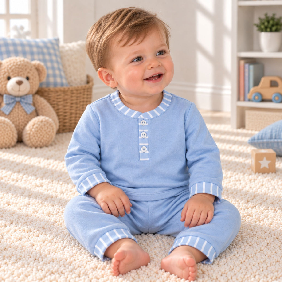 A baby sitting on a cream carpet in a nursery, wearing a light blue long-sleeve pajama set with white striped trim and a buttoned henley collar.