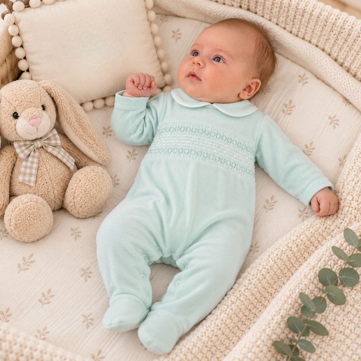 A baby lying on a cream patterned mattress inside a knitted bassinet, wearing a pale mint blue footed smocked romper. A beige stuffed bunny with a plaid bow is sitting beside the baby.