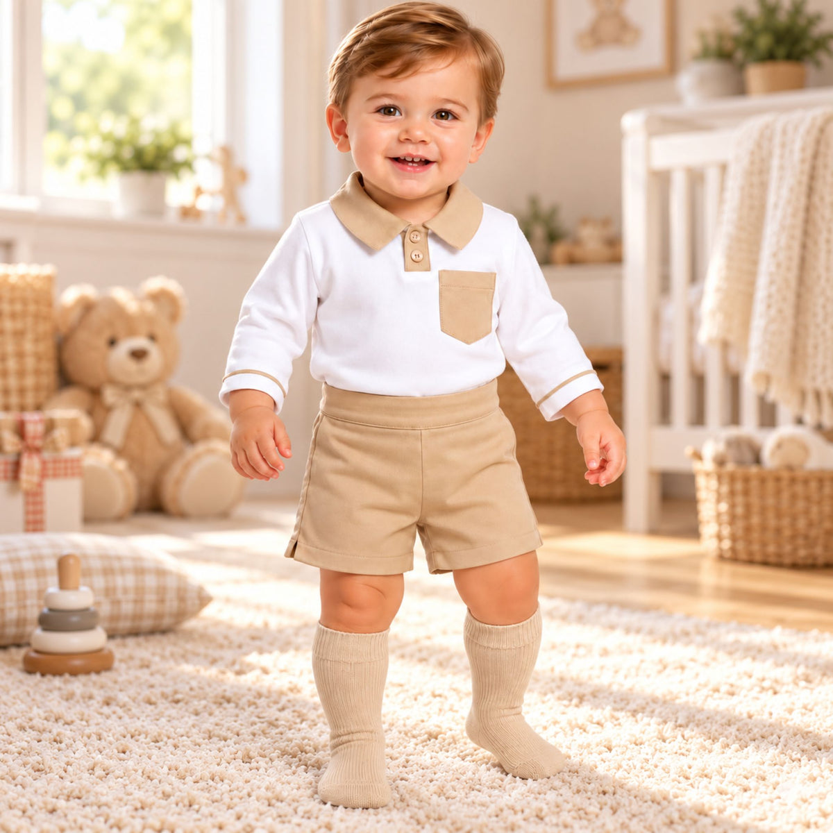 Baby boy wearing beige shorts and white long sleeve polo top two piece outfit