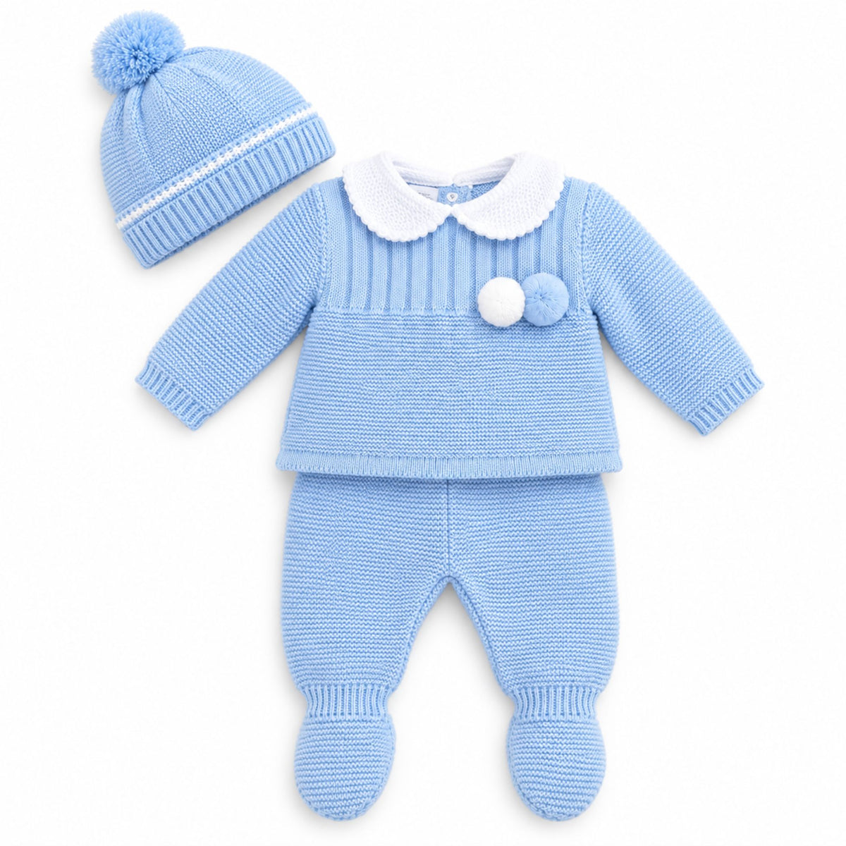 A baby knit three-piece outfit set in light blue, including a long-sleeve footed one-piece, matching pants, and a knit pom-pom hat, displayed on a clean white background.