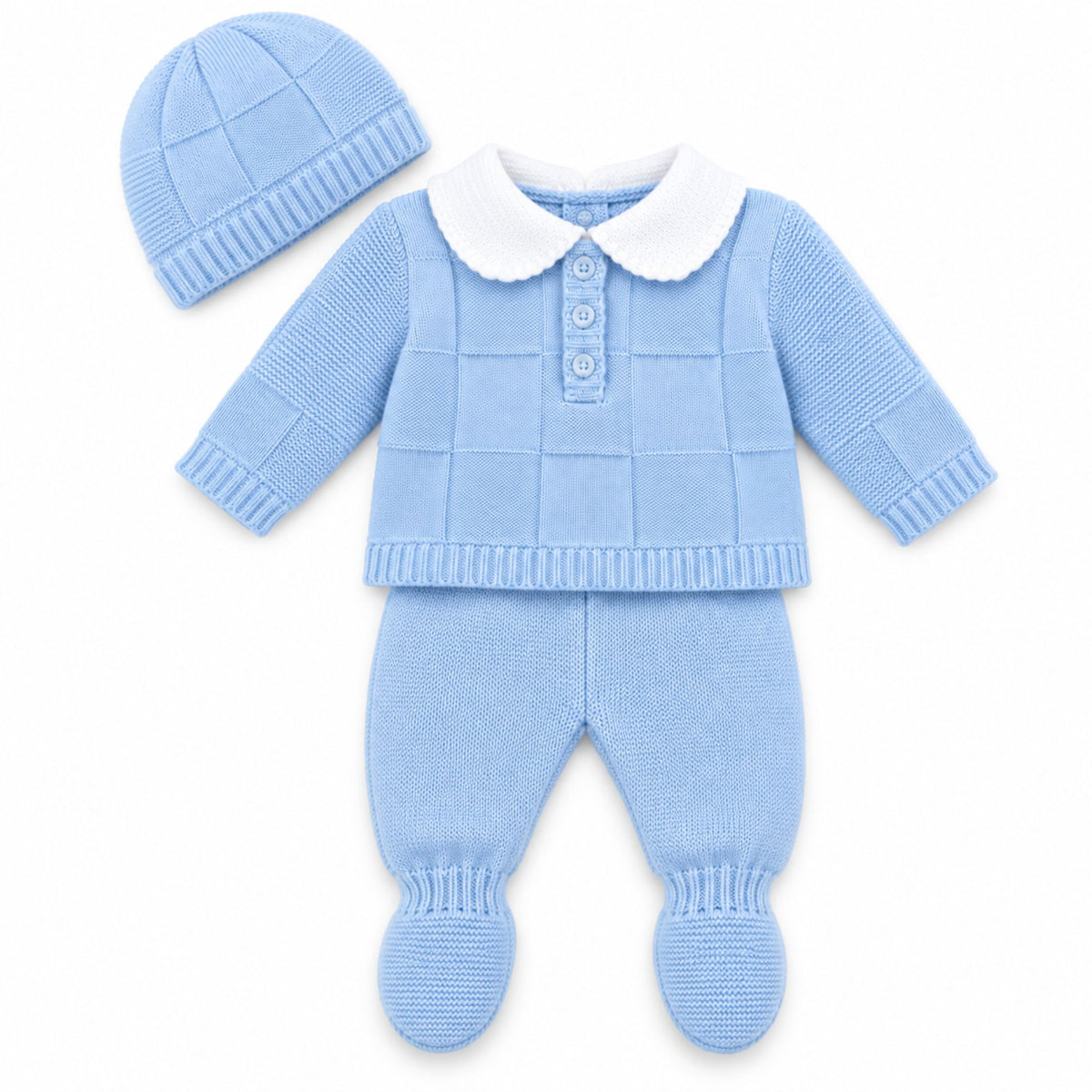 A baby knit three-piece outfit set in light blue, including a long-sleeve footed romper with a white Peter Pan collar and three buttons, matching knit pants, and a matching knit bonnet, displayed on a clean white background.