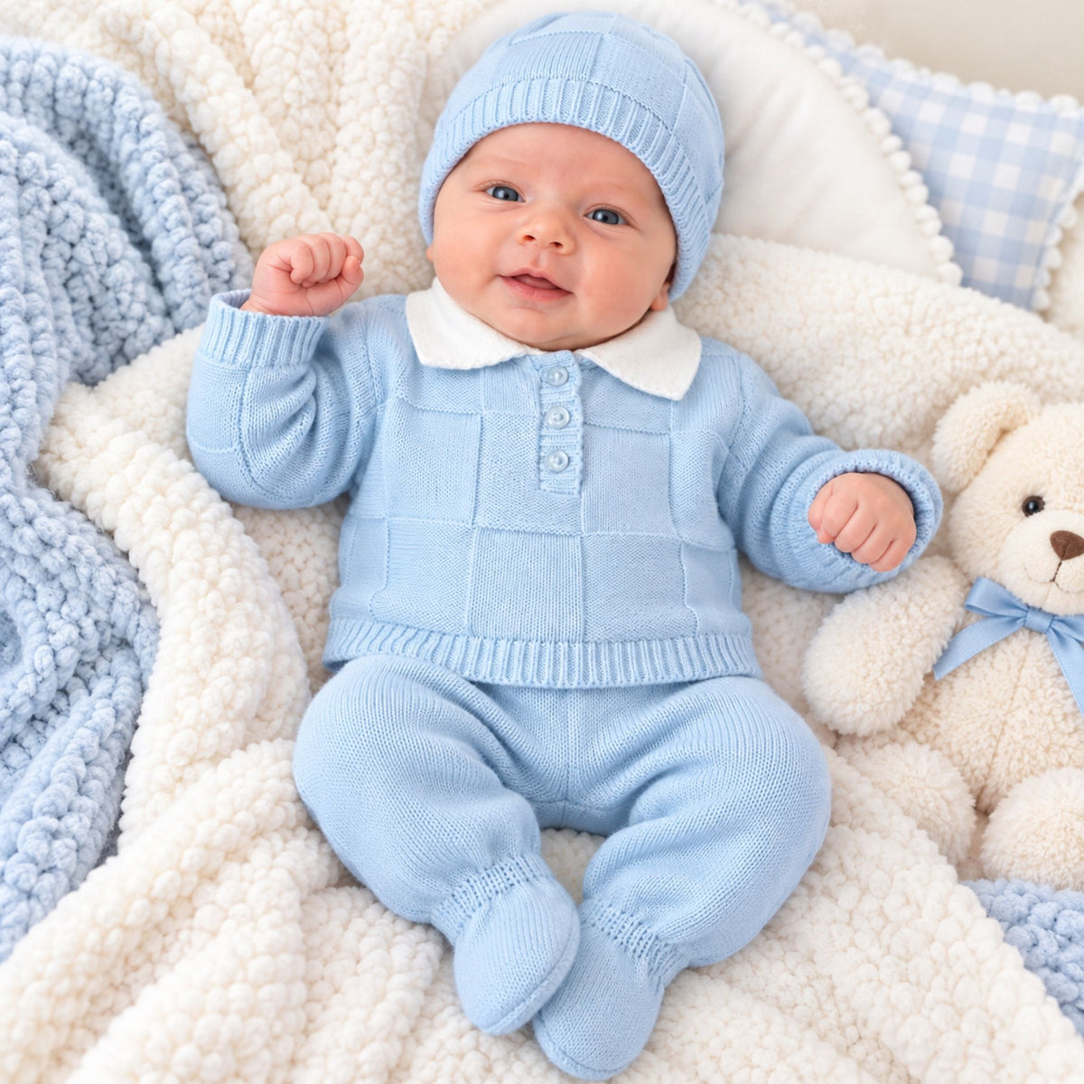 Baby boys blue knitted three piece outfit with pom pom jumper trousers and matching hat