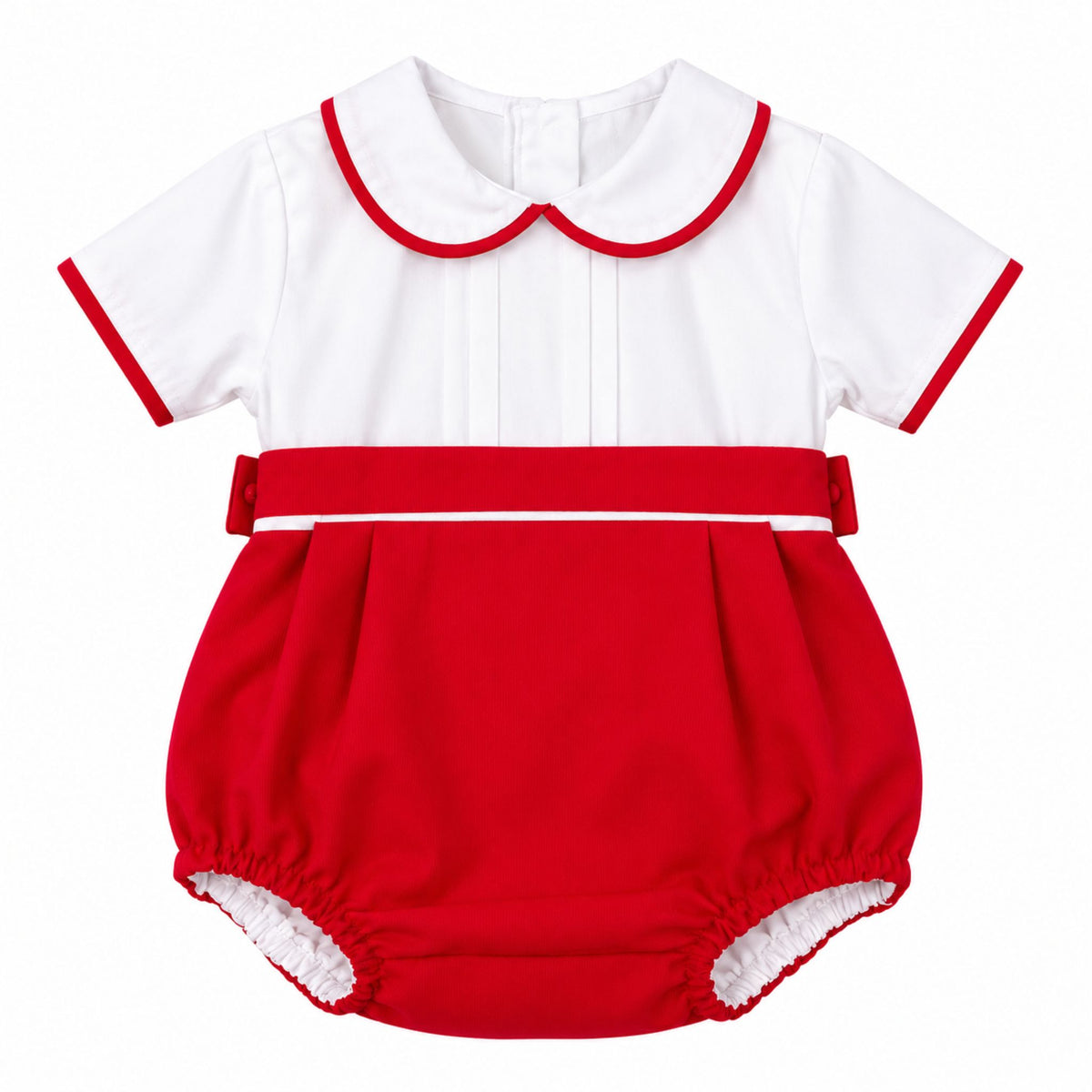 A baby romper in white and red, featuring a white upper bodice with red trim, a red Peter Pan collar, a red waistband, and a red bubble skirt with white ruffled trim at the leg openings.