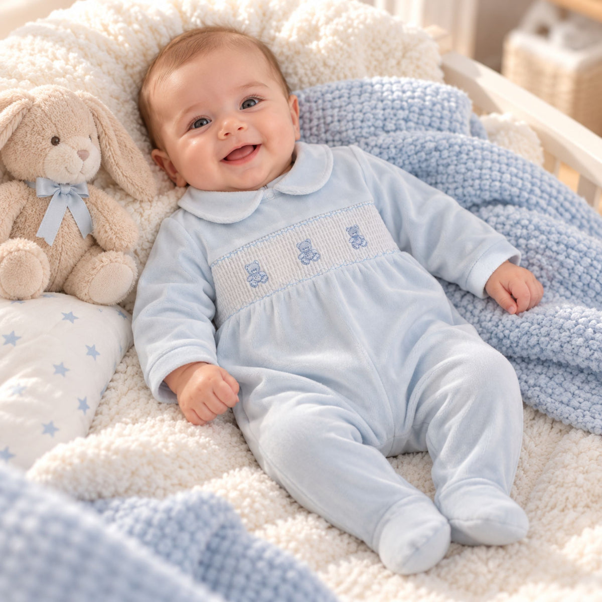 Baby boys blue velour sleepsuit with white smocked panel and embroidered teddy bears
