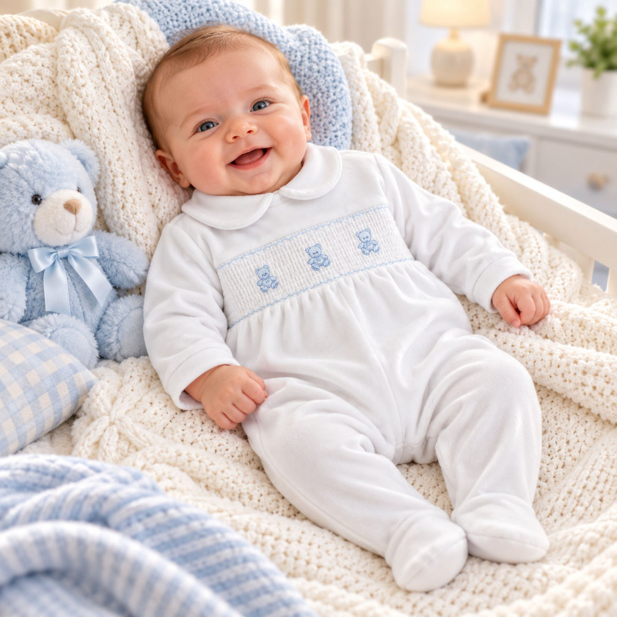 Baby boys white velour sleepsuit with blue embroidered teddy bears and smocked chest panel