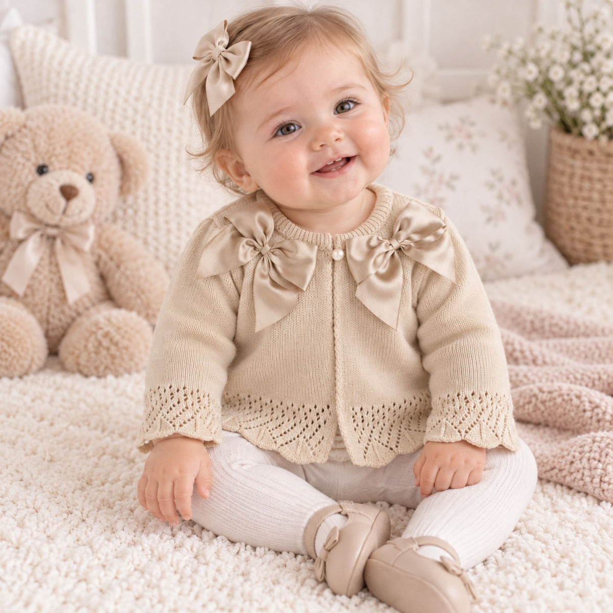 A baby girl sitting on a fluffy cream rug in a cozy nursery setting, wearing a beige knit cardigan with satin bow details on the collar, white leggings, and beige moccasin shoes. A teddy bear and floral pillows are visible in the background.