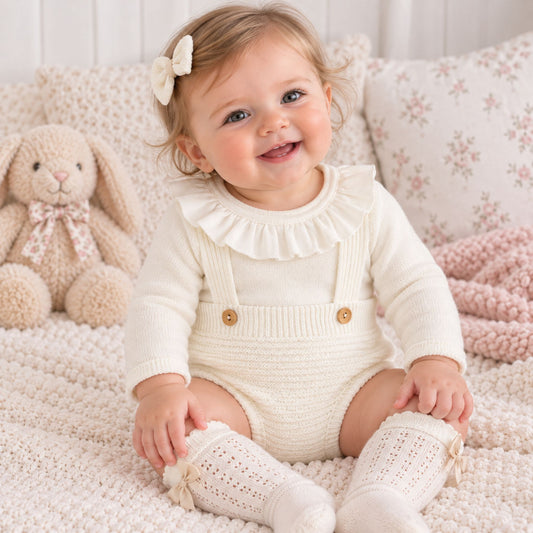 A smiling toddler girl wearing a cream-colored knit long-sleeve romper with a ruffled collar and matching cream booties, sitting on a textured blanket with a plush bunny toy beside her.