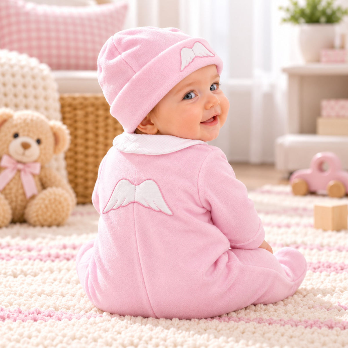 baby girl pink velour and hat with angel wings