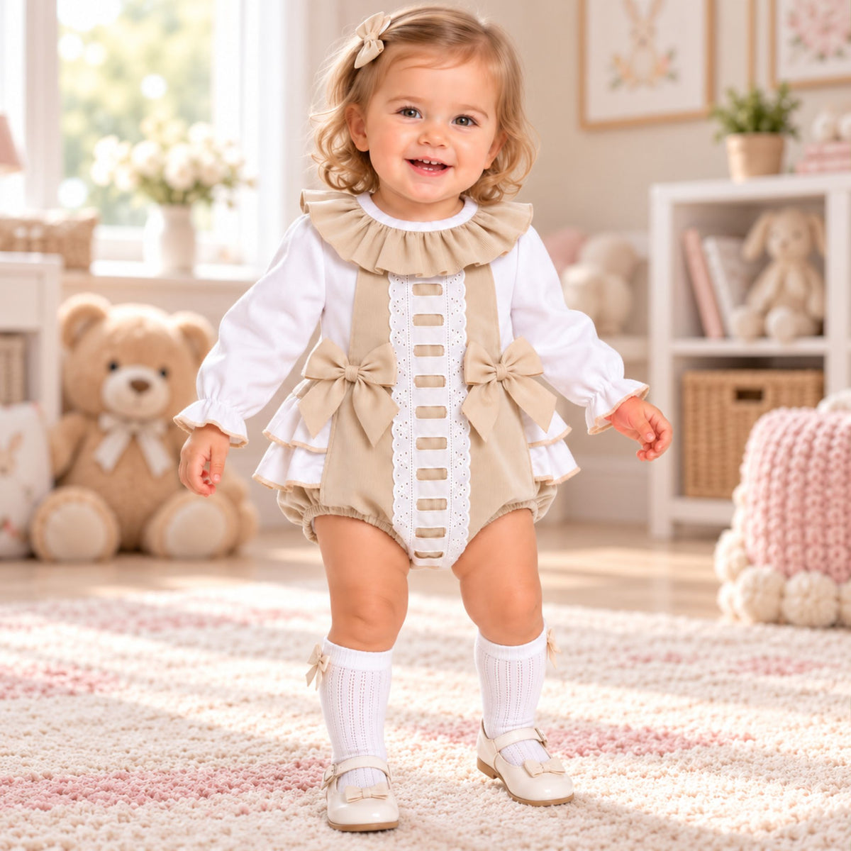Baby girl wearing beige frill romper and white blouse two piece outfit