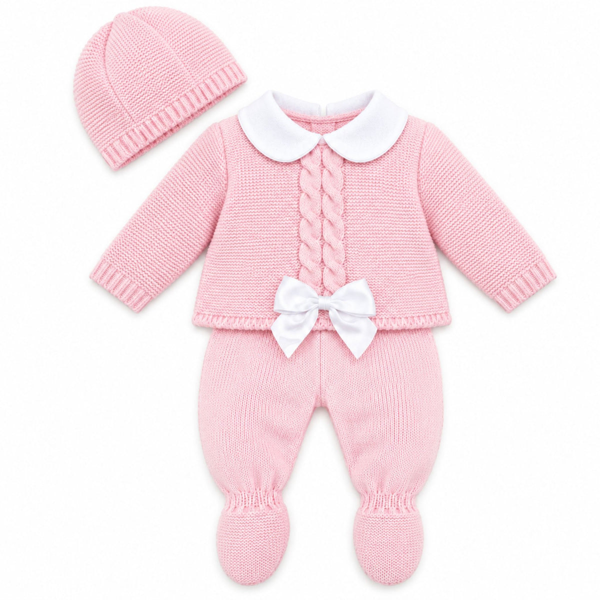A pink knit baby outfit set including a long-sleeve footed romper with a white Peter Pan collar and white bow, plus a matching pink knit bonnet, shown on a white background.