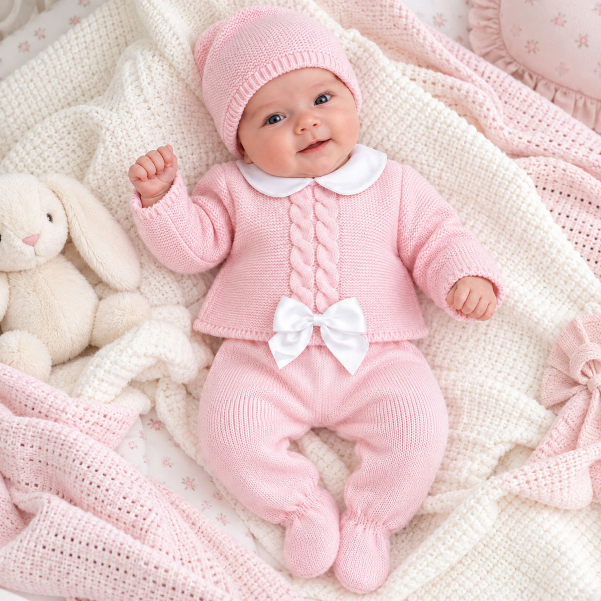 Baby girls pink knitted three piece outfit with white bow footed trousers and matching hat