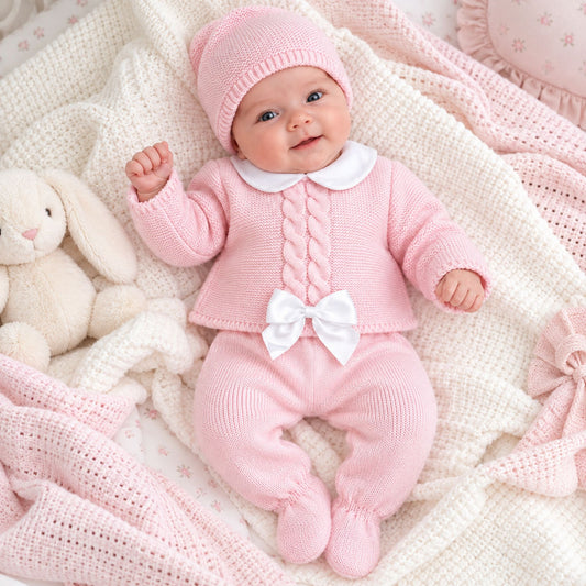Baby girls pink knitted three piece outfit with white bow footed trousers and matching hat