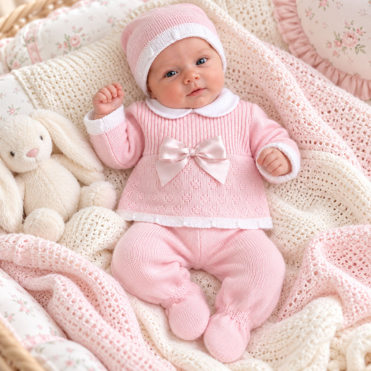 Baby girls pink knitted three piece newborn outfit with satin bow and matching hat