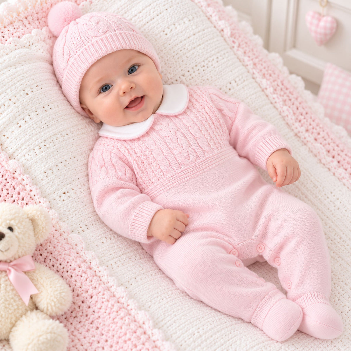 Dandelion baby girls pink knitted footed all-in-one and matching bobble hat set
