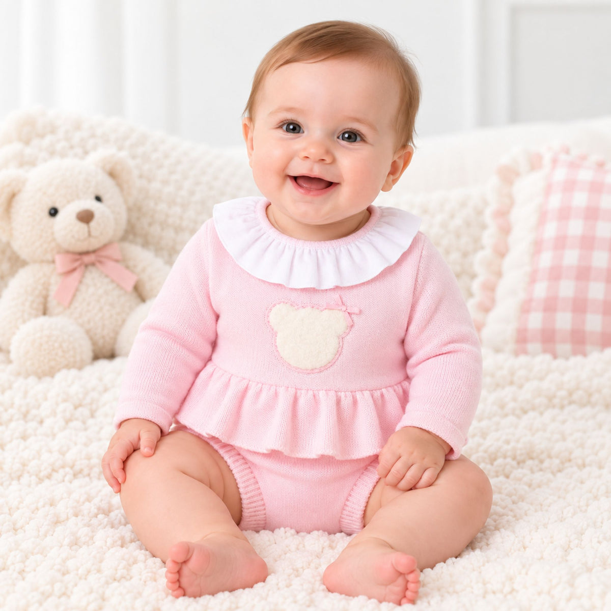 Baby girls pink knitted frill top and matching knickers two piece outfit