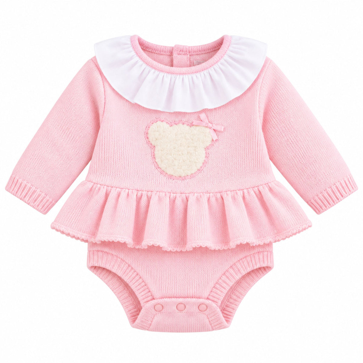 A pink long-sleeve baby bodysuit with a white ruffled collar, a ruffled hem, and a beige teddy bear face applique on the chest, shown on a plain white background.