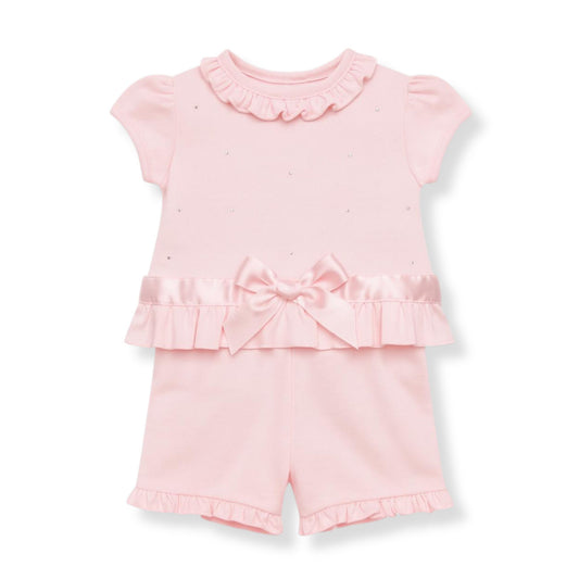 Baby girls pink shorts set with diamante detail, frill top and satin bow by Kleo Kids
