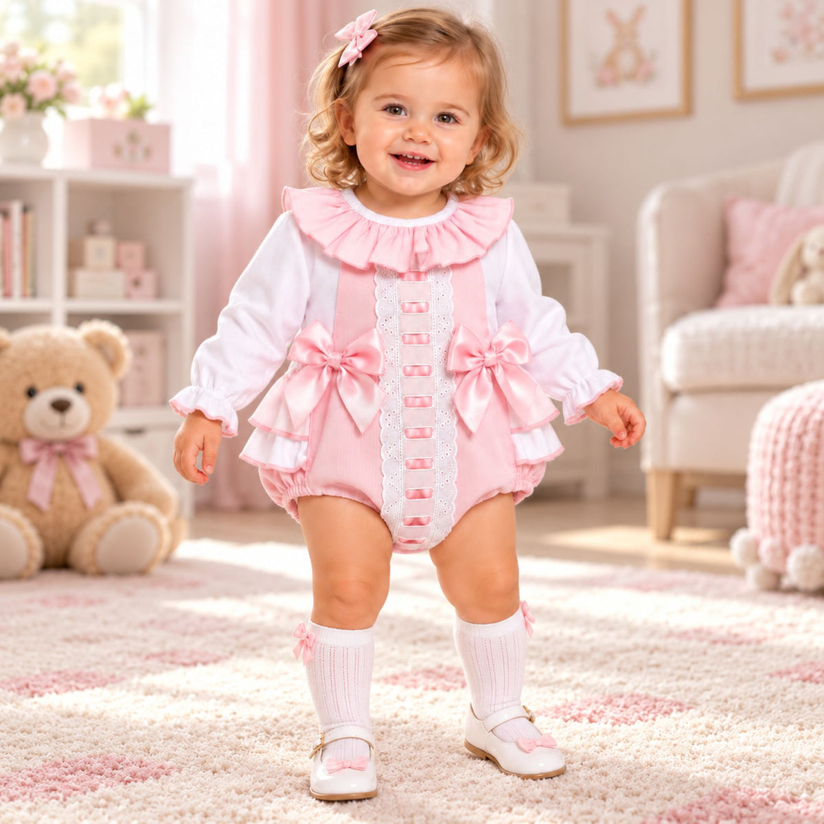 Baby girl wearing pink frill romper and white blouse two piece outfit