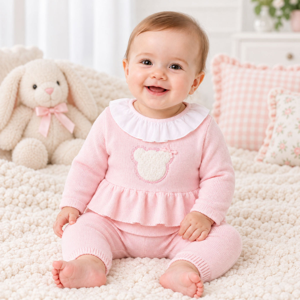 A smiling baby sitting on a textured cream blanket, wearing a pink knit romper with a white ruffled collar and a teddy bear patch on the chest. A plush bunny toy and decorative pillows are visible in the soft, bright background.