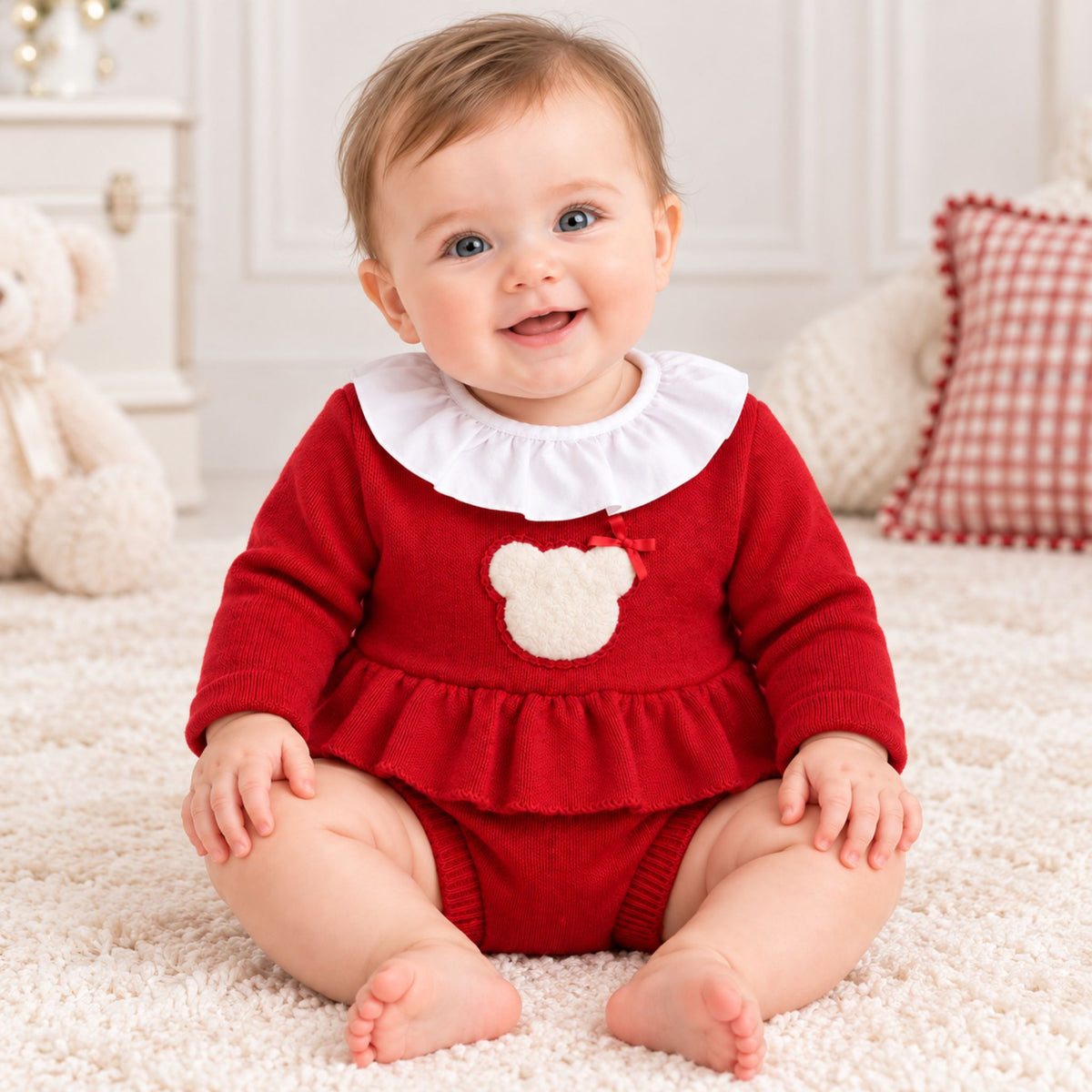 Baby girls red knitted frill top and matching knickers two piece outfit