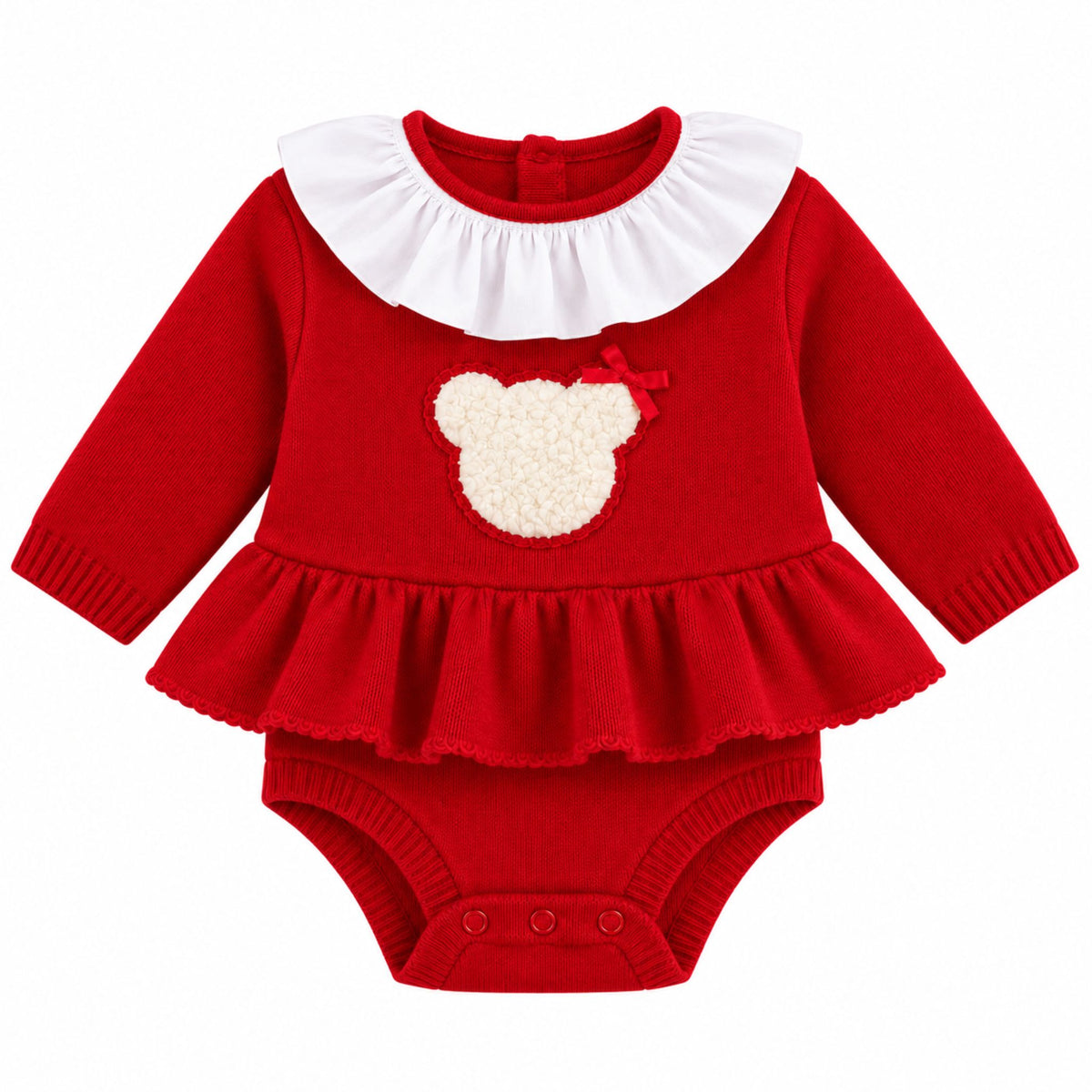 A baby long-sleeve knit romper in bright red, featuring a white ruffled collar, a ruffled peplum hem, and a cream teddy bear face applique on the chest with a tiny red bow.