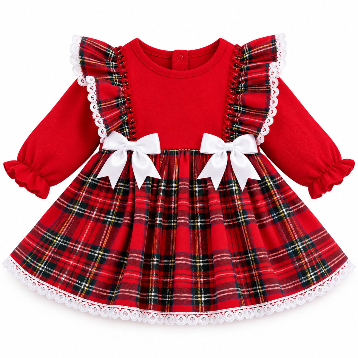 A toddler girl's long-sleeve dress with a solid red top and a red, green, and black plaid skirt. The dress features white lace trim along the shoulders, sleeves, and hem, along with two white bows at the waist.