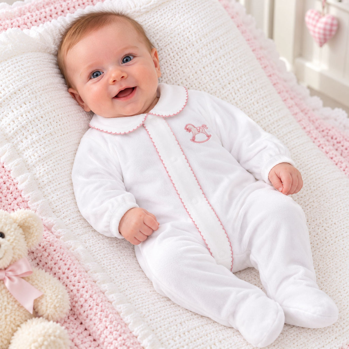 Dandelion baby girls white velour sleepsuit with pink piping and embroidered rocking horse