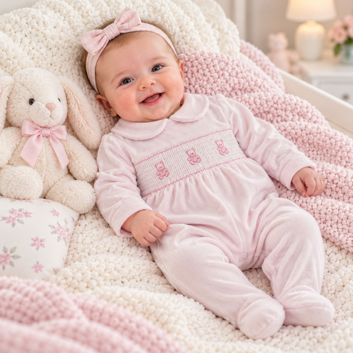 Baby girls pink velour sleepsuit with white smocked panel and embroidered pink teddy bears