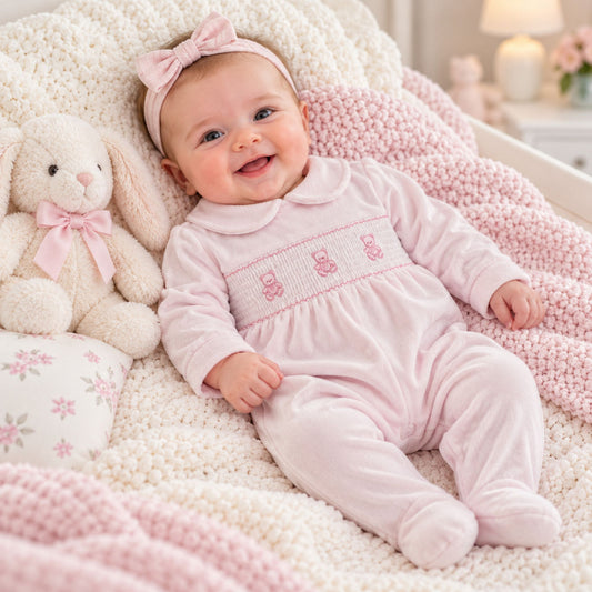Baby girls pink velour sleepsuit with white smocked panel and embroidered pink teddy bears